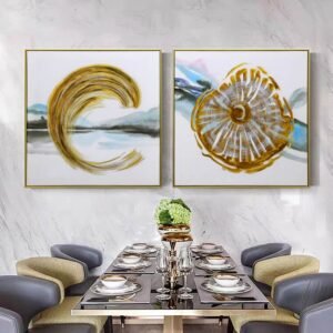 Set Of 2 Gold Leaf-Toned & White Abstract Canvas Wall Art MODERN ART