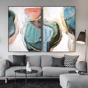 Set of 2 Multicoloured Modern Abstract Framed Art Oil Painting Canvas MODERN ART
